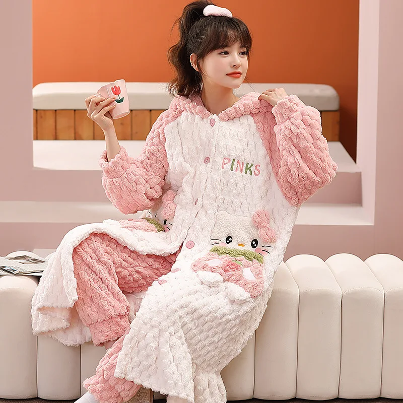 

New Sanrio Kawaii Hello Kitty Coral Fleece Pajamas Cartoon Casual Hooded Home Clothes Warm Thickening Women Plush Nightgowns Set