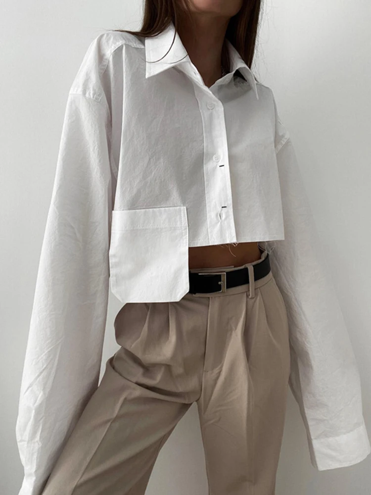 

Pocket White Cropped Blouse Women Spring Single Breasted Cotton Long Sleeve Shirt Top Ladies Simple Casual Short Blouses 2023
