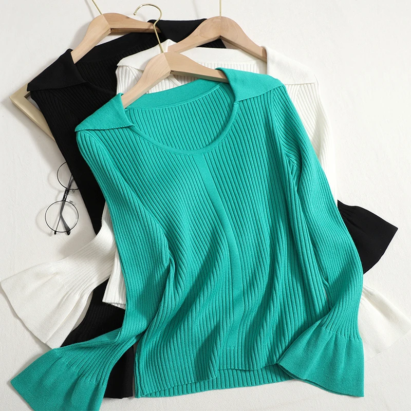 

WDMSNA 2022 Autumn New Temperament Lapel Pullover Flare Sleeve Slim Knitted Sweater Women Solid Color Long Sleeve Sueter Mujer