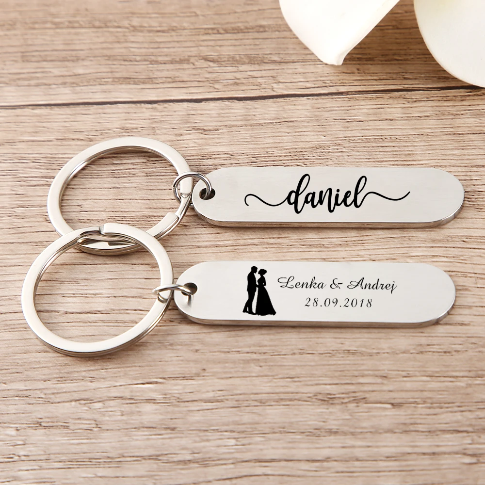 

Custom Engraved Name And Date Keychain - Stainless Steel Wedding Day Keepsake Keyring - Personalized Wedding Favors For Guests