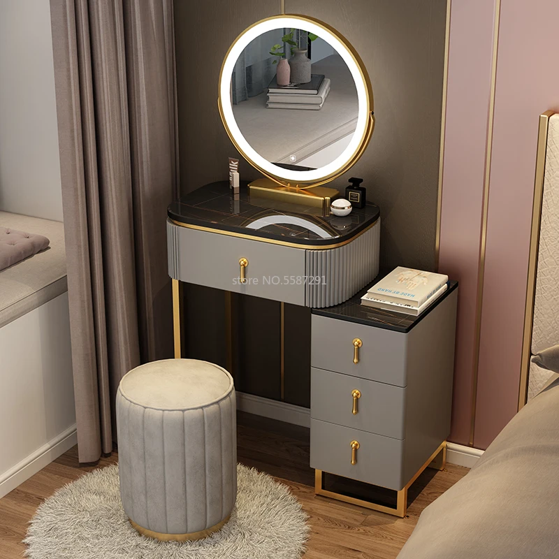 Tocador de maquillaje minimalista integrado, mueble de pizarra con espejos para dormitorio de niña, mesita de noche, armario de almacenamiento
