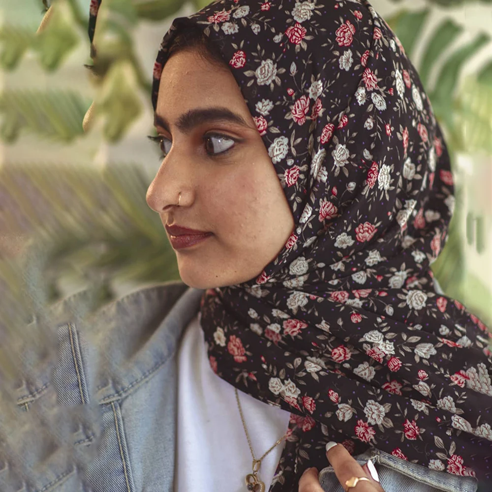 Шифоновый Хиджаб С Жемчужными Украшениями Узором В Репсовую Принту Малайская