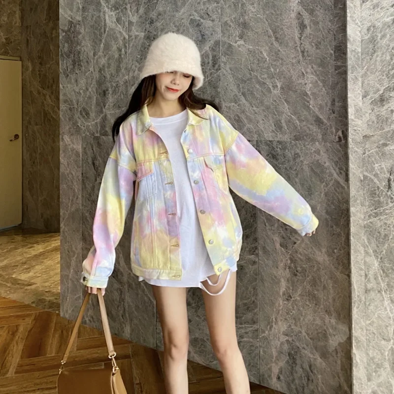 Модная цветная джинсовая куртка женская оверсайз с длинными рукавами отложным