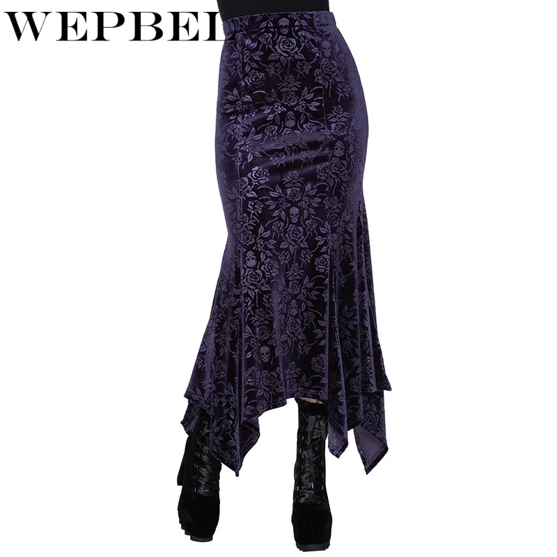 

WEPBEL Women Sexy Skull Print Mermaid Skirt Ladies High Waist Slim Fit Irregular Bodycon Skirt Ankle Length Skirt