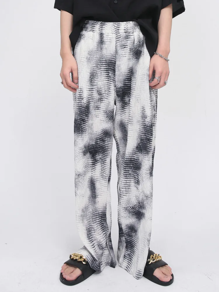 

SYUHGFA Men Clothing 2022 Spring Summer Tie Dye Wide Leg Pleated Slit Straight Pants Elastic Waist Causal Loose Trousers