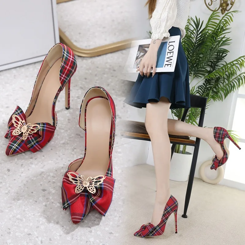 

Designer Women Pumps Pointed Toe High Heels Ladies Shoes Scottish cloth Heels Pumps Sexy Party Shoes Women's Sandals Thin Heels