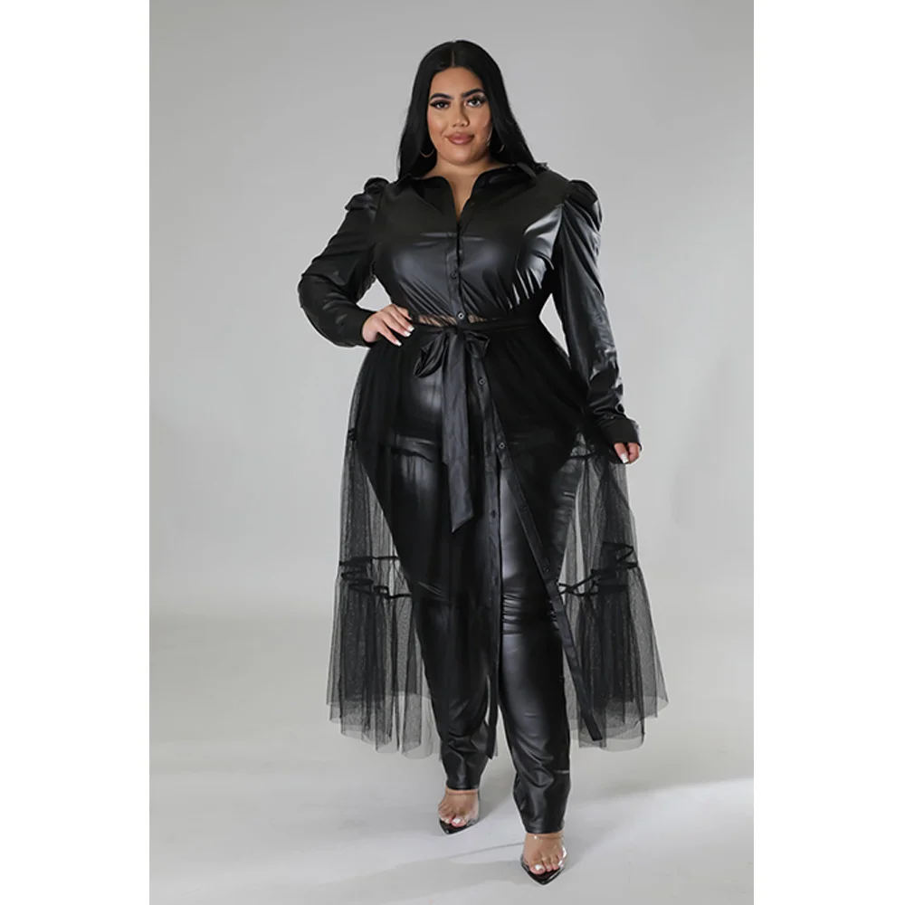 Plus Size Leather and Mesh Patchwork Sexy Shirt Dress Big Size Long Sleeves Turn Down Fashion Button-up Casual 3xl 4xl 5xl 6xl