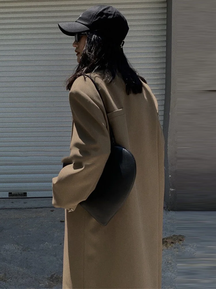 

Single Button Women Full Sleeve Goddess Fan Pocket Small Fresh Casual Style 2023 Winter Loose Trench