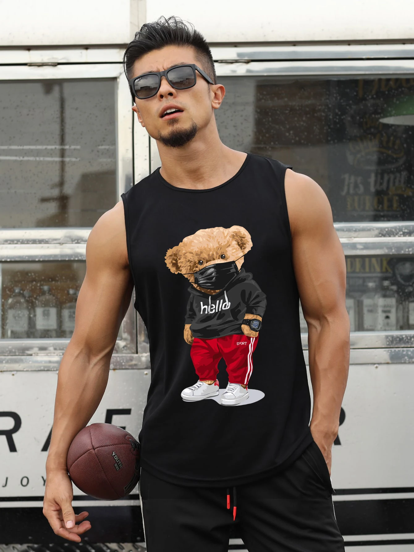 

Street Sports Mask Bear Printed New Tops Sleeveless Summer Basketball Vest Gothic Harajuku Clothes Oversized Breathe Tank Top