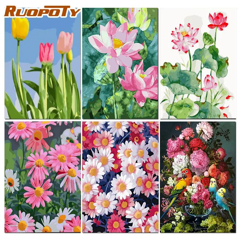 

RUOPOTY Oil Paint By Numbers Fresh Flowers Acrylic Paints Paintings By Number Flower Painting Numbers Wall Art