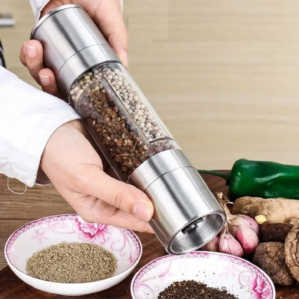 

Pepper Grinder Manual Rustproof Refillable Non-slip Double Head 2 in 1 Stainless Steel Adjustable Coarseness Salt Grinder for Re