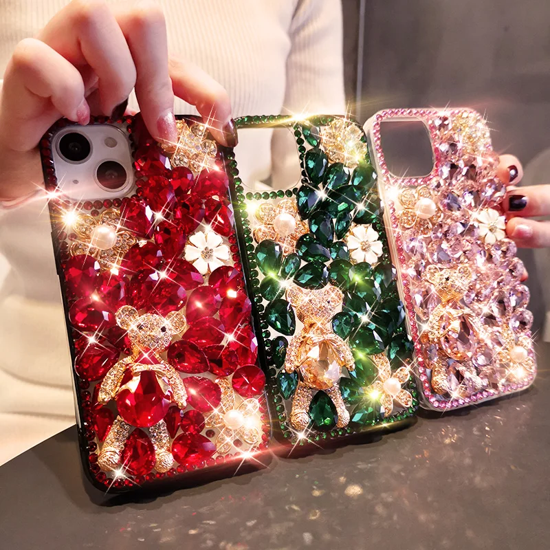 

For iPhone 13 12 11 Pro Max Case Cover For iPhone 13 Soft Shell Fashion Full Diamond Scented Crystal Bear Phone Case