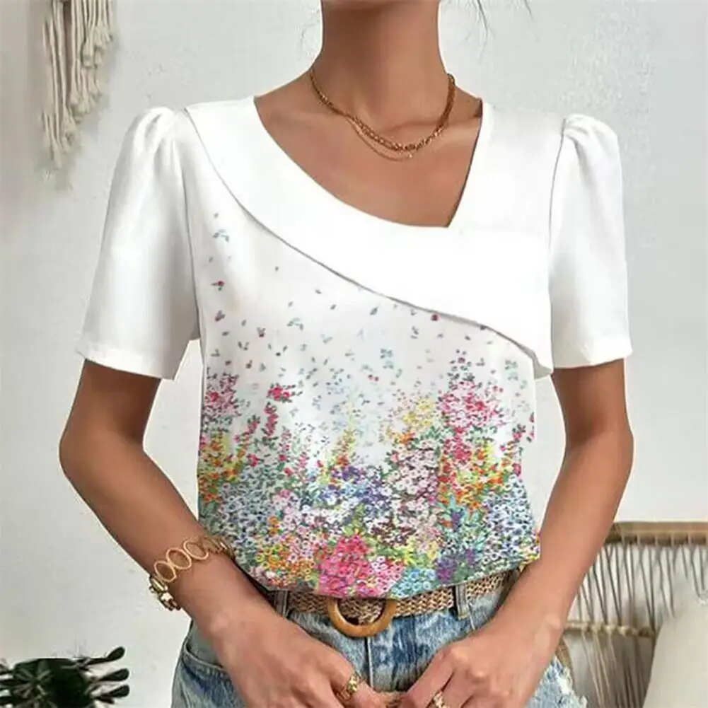 

Attractive Women Shirt Non-Fading Pullover Blouse Exquisite Pattern Dress-up Loose-fitting Summer Women Blouse