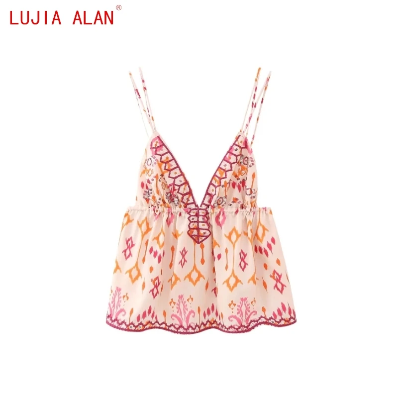 

Autumn New Women Sequin Embroidered Printed Sling Blouse Female Sleeveless Shirt Casual Sexy Backless Tops LUJIA ALAN B2332