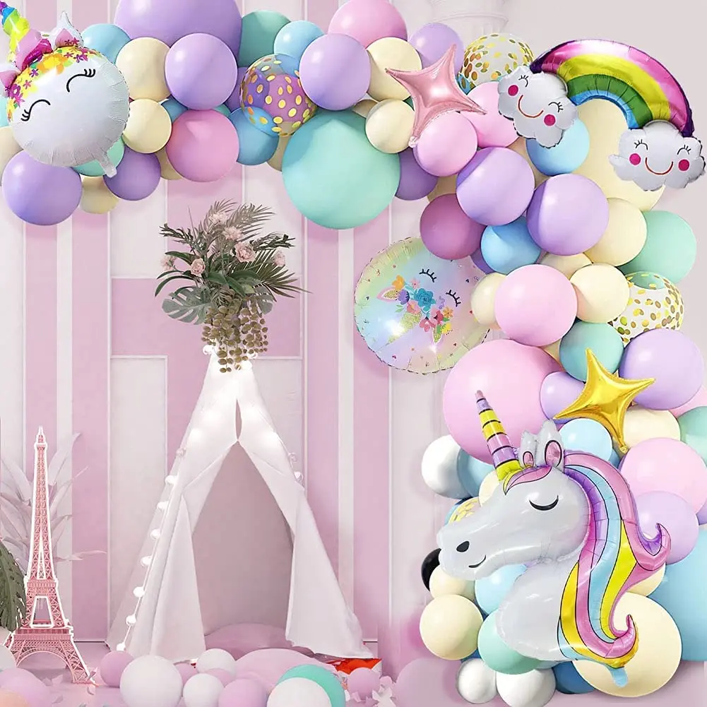 

132 Pieces Unicorn Macaron Balloons Arch Wreath Kit Foil Rainbow Balloons Girls Birthday Party Wedding Baby Shower Decorations