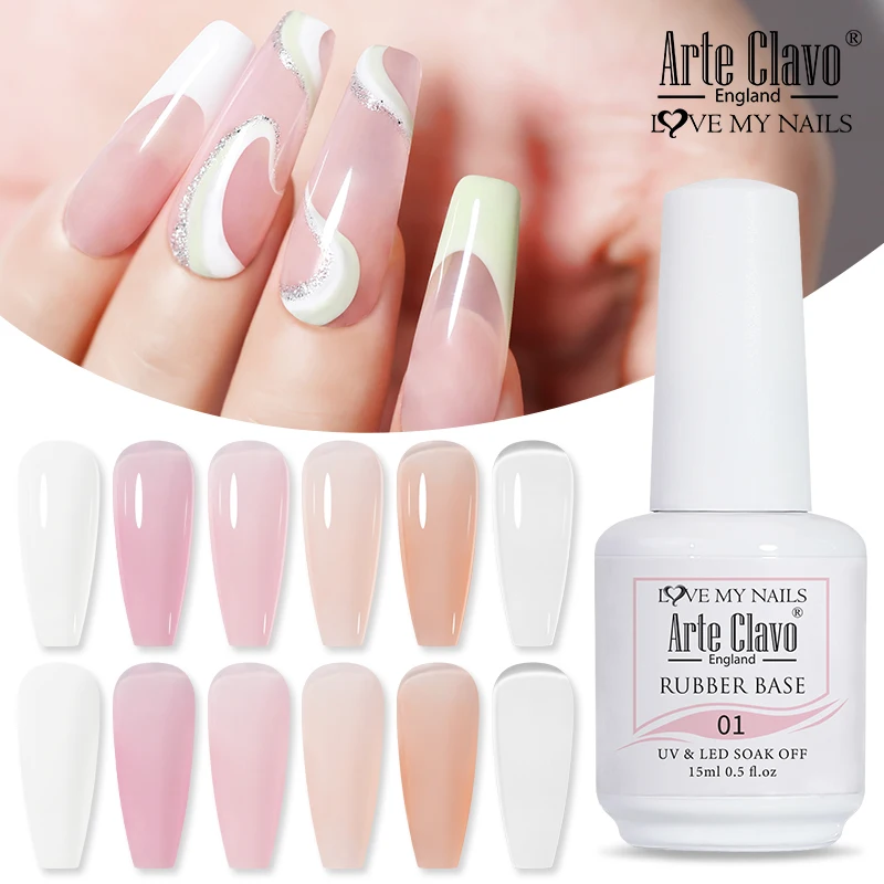Arte Clavo Rubber Base Gel Nail Polish Milky Pink Jelly White 6Colors Semi Permanent Nails Art Gels 15ml Soak Off UV LED Gel NEW