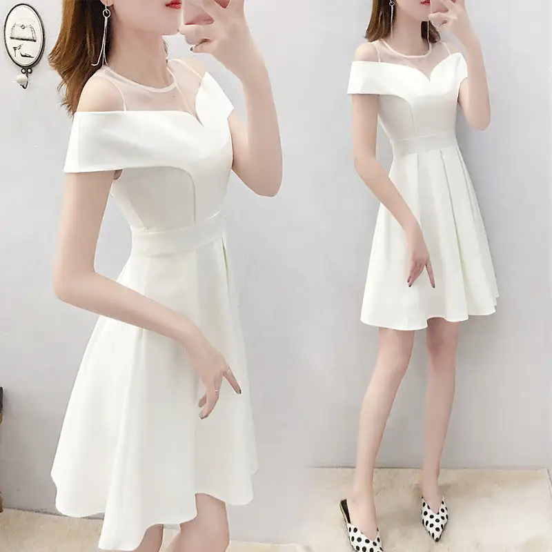 White Off-Shoulder Dress For Women Fresh 2021 New Summer Slim Fit Slimming A- Line Skirt Mid-Length Temperament