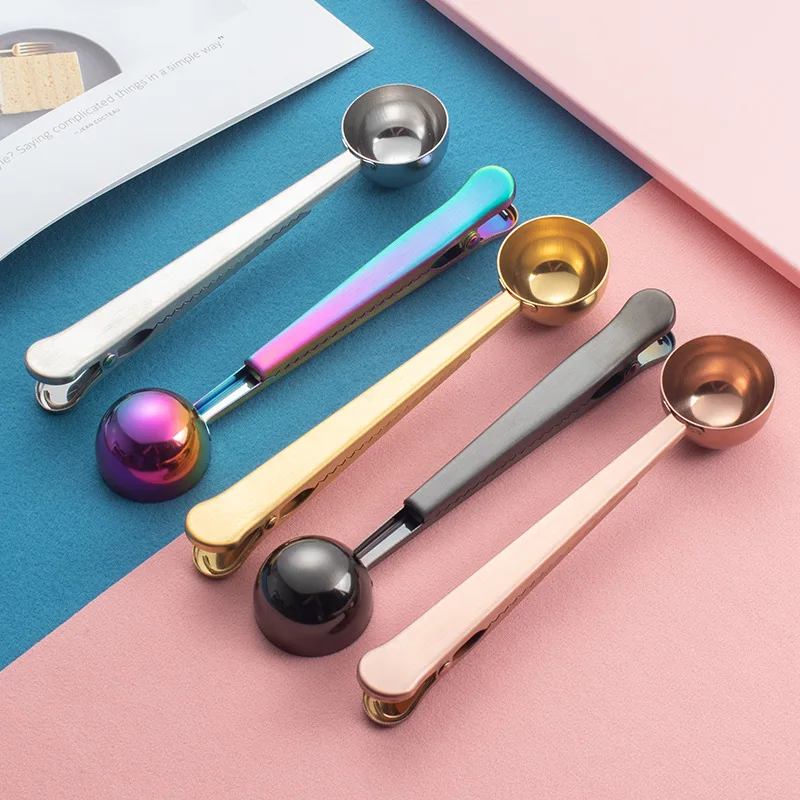 

Two-in-one Stainless Steel Coffee Spoon 5 colors Sealing Clip Kitchen Gold Accessories Recipient Cafe Expresso Cucharilla Decora