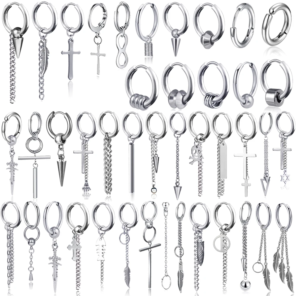 

1 pair Punk Silver Multiple Style Stainless/Titanium Steel Stud Earrings For Men and Women Gothic Street Pop Hip Hop Ear Jewelry