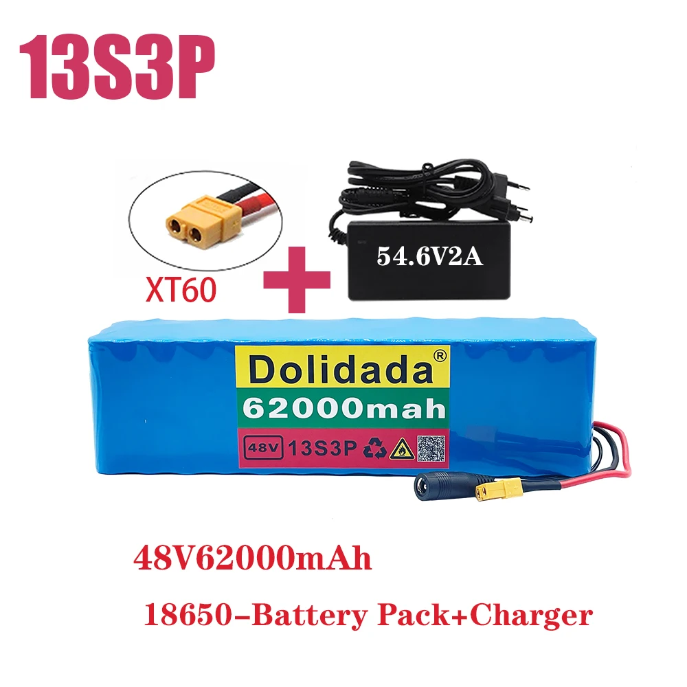 

XT60 Plug 48V62Ah 1000w 13S3P 48V Lithium ion Battery Pack For 54.6v E-bike Electric bicycle Scooter with BMS+54.6V Charger