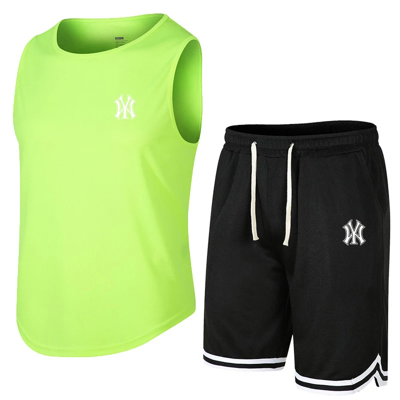 2023 Summer Men's Crewneck Vest And Shorts Set Mesh Ventilation Brand Fitness Sports Clothes Game Training Basketball Clothes