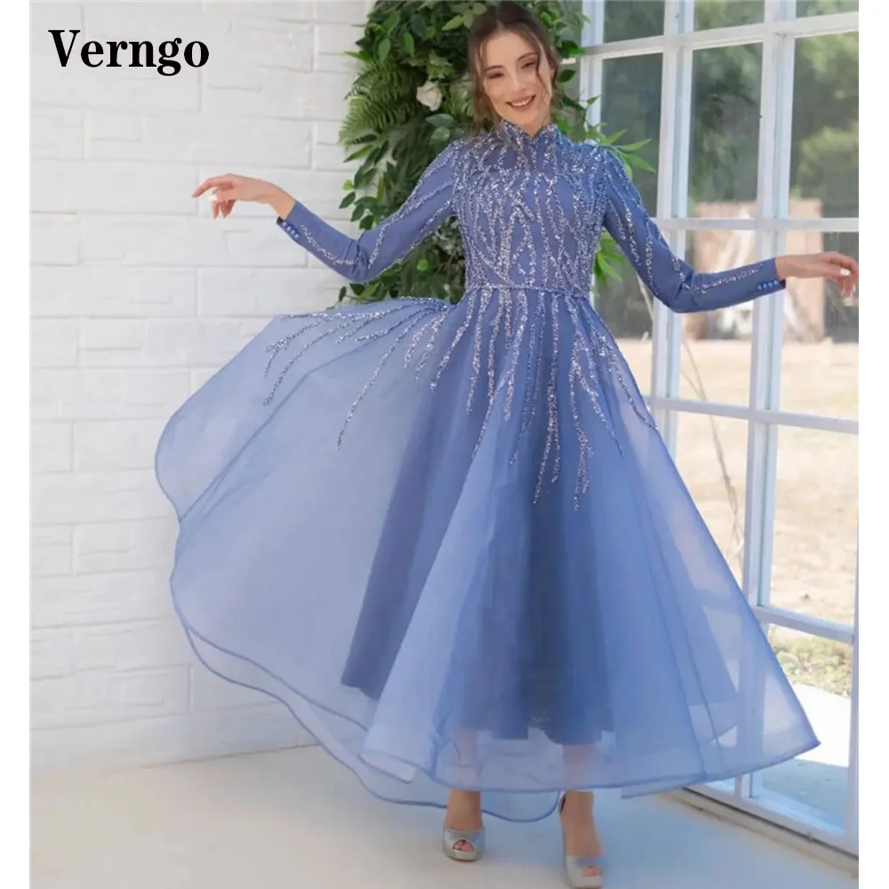 Verngo Modest Blue Sequin Lace Prom Dresses Long Sleeves High Neck Tulle Ankle Length Dubai Arabic Women Formal Evening Gowns