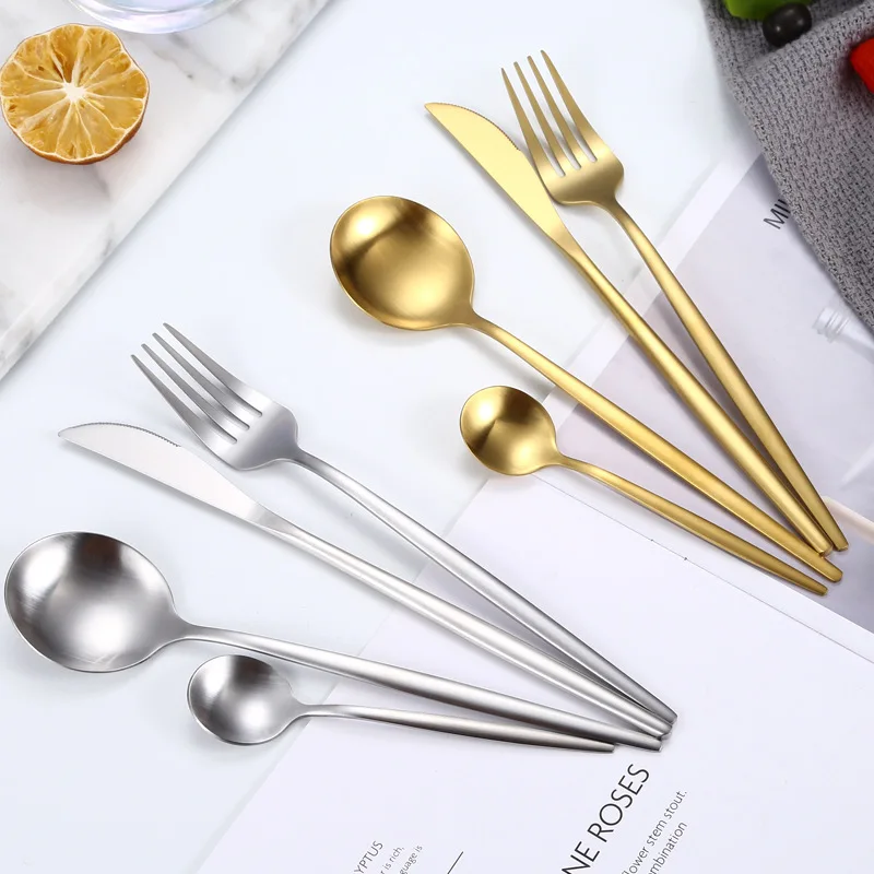 1 PCS / 4 PCS Matte Portuguese Stainless Steel Cutlery Dinnerware Spoon Fork Western Steak Knife Dessert Spoon Tableware Set