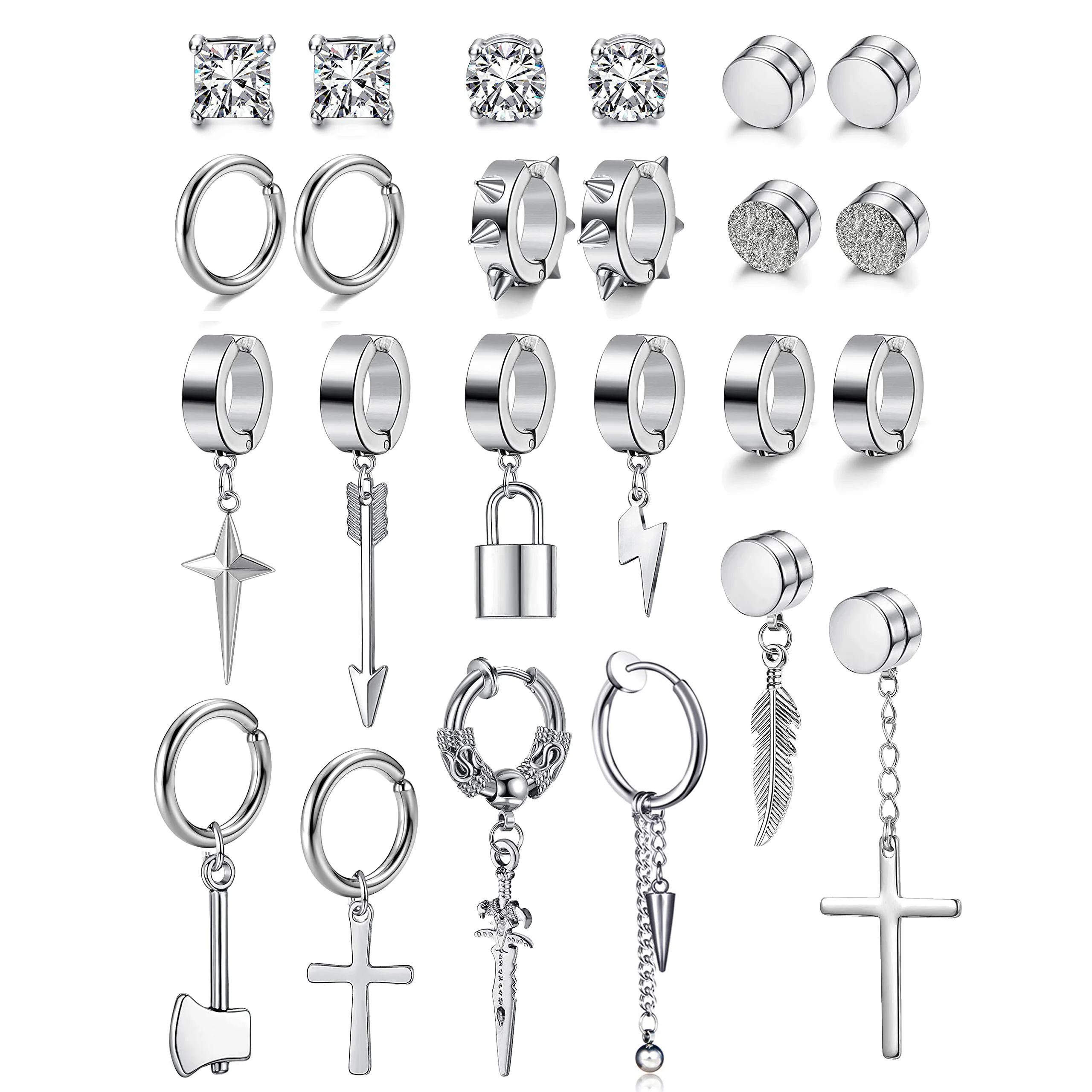 

2-24 Pcs Silver Stainless Steel Fake Clip on Earrings Cross Chain Dangle Earrings Non Pierced Huggie Hoop Earrings for Men Women