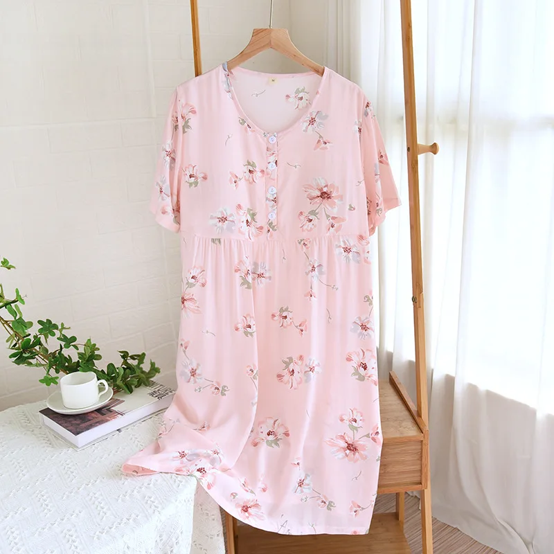 Korean Sleepwear Women Short Sleeve Printed Night Wear Dress Loose Summer Nightgowns Female Lounge Nightdress Vestido Mujer