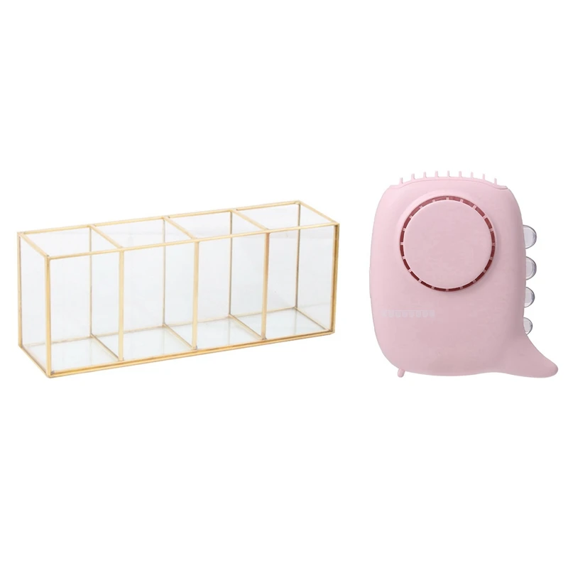 

Luxury Clear Glass Makeup Box Cosmetic Storage Box & Mini Hanging Neck Fan,Small USB Desk Handheld Pink