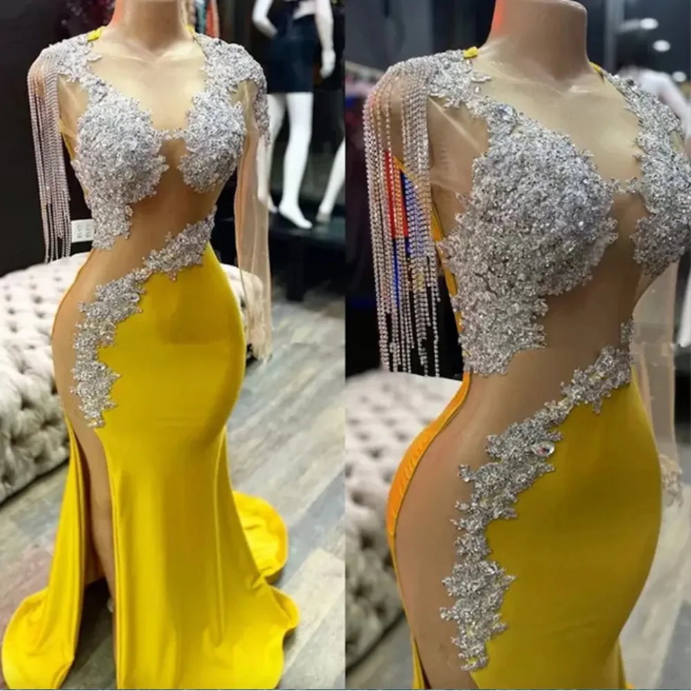 

New Gorgeous Prom Party Gown Mermaid Jewel Floor-Length Sweep Train Beaded Crystal Sequins Applique Satin long Split Illusion