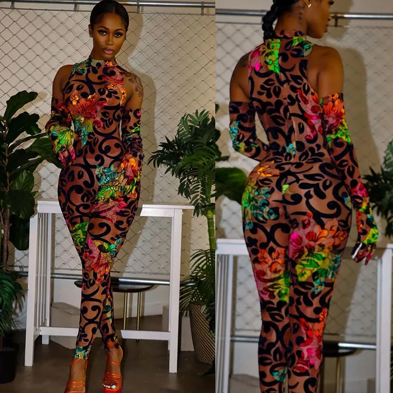 

Женский прозрачный сетчатый комбинезон с цветочным принтом, полуночные цельные комбинезоны, эластичные облегающие боди, Клубные Комбинезоны