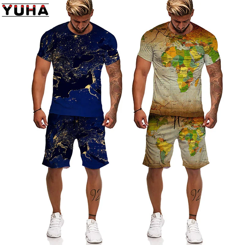 Yuha,map Printing New Summer 3d Casual Men Short Sleeve T-shirts +shorts Male O Neck Top Tracksuit Set Men's Clothing 2 Pieces