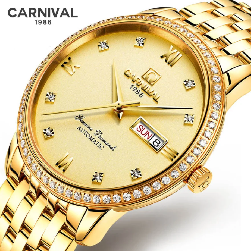 

Men Gold Watches Automatic Mechanical Watch Male Wristwatch Steel Band Carnival Luxury Brand Calendar Business Design