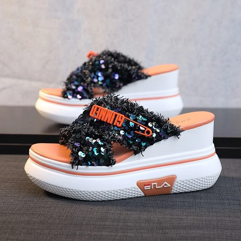 

Wedge Heel Slippers Women's Summer 2022 New Sequin Platform Thick Bottom Heightening Women's Sandals Zapatos De Mujer