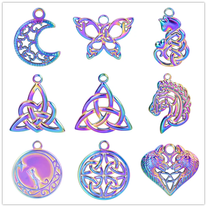 

5pcs Rainbow Cat Horse Butterfly Charm Moon Stainless Steel Charms For Jewelry Making Supplies Hollow DIY Women/Men Accessories