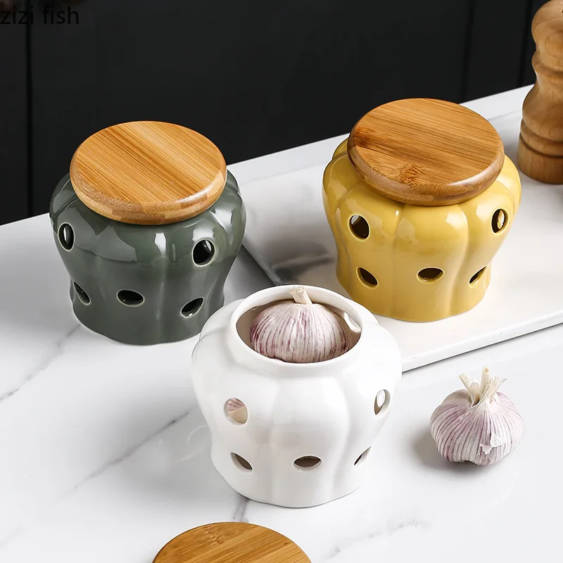 

CeramicStorage Container Garlic Ginger Jars Wooden Lid Refined Storage Tank Candles Jars Home Kitchen Solid Color Organizer Box