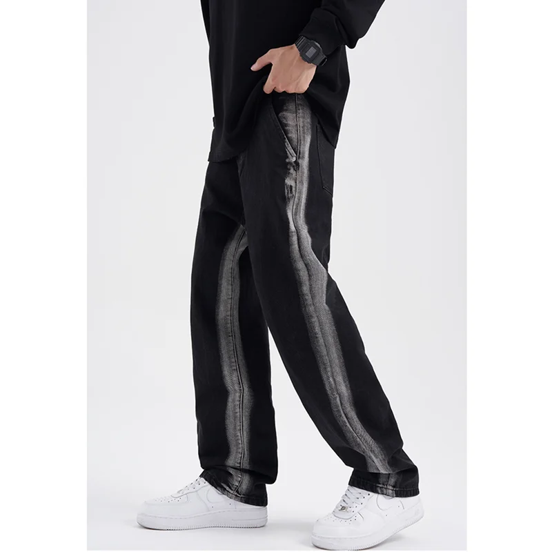 Streetwear Men New Pattern Vintage Recreational Black Thickening Jeans Loose Broad Straight Cylinder Leg Trousers Autumn Female