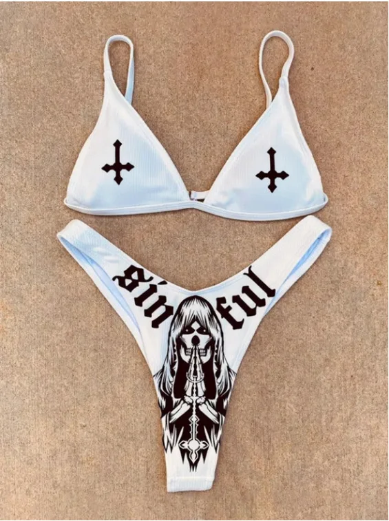 

Women Funny Letters Print 2Pcs Bikini Suits Deep V-neck Detachable Breast Pad Sling Tops with Triangle Bottoms Swimsuits 2022