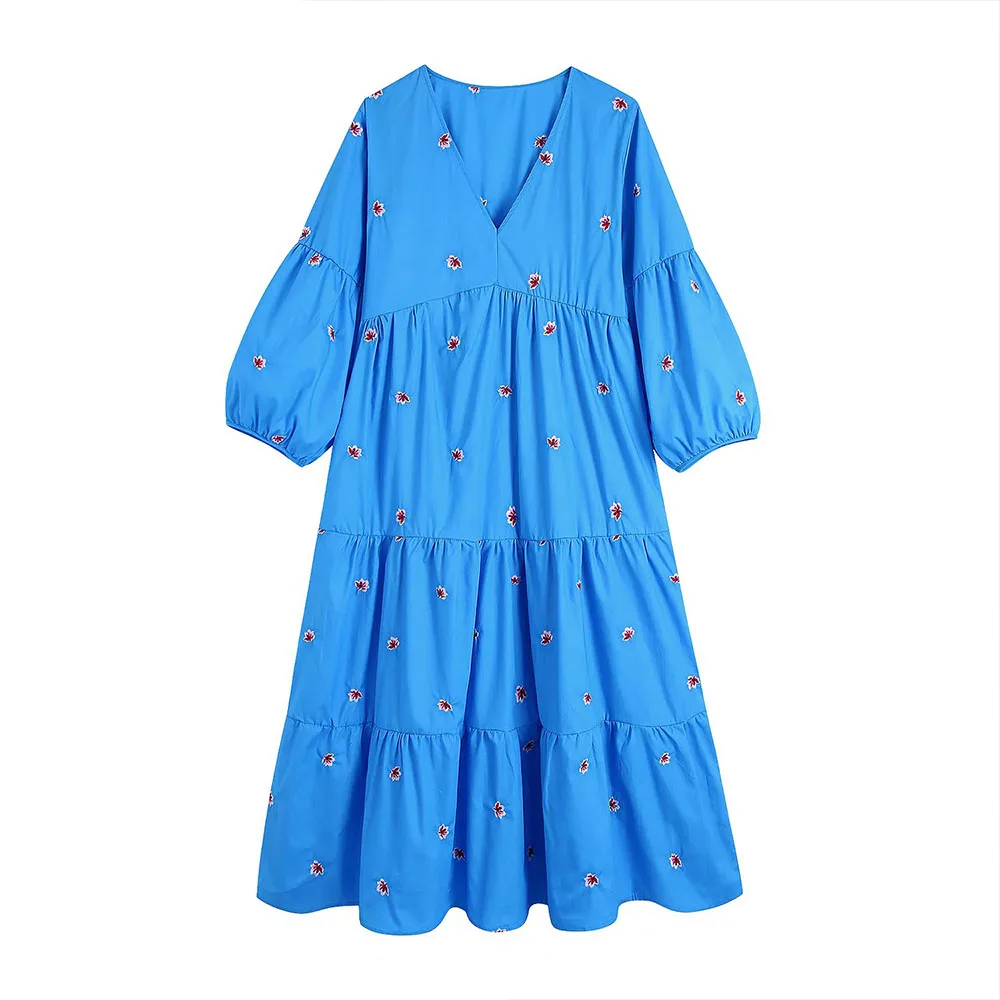 

Spring 2022 Women's Fashion Casual Embroidered Dress Loose V-Neck Long Sleeves Layered Ruffle Midi Dress Chic Women's Skirt