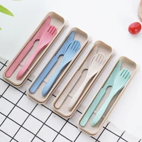 3pcsset travel cutlery portable cutlery box gift box western style wheat straw knife fork spoon student dinnerware sets
