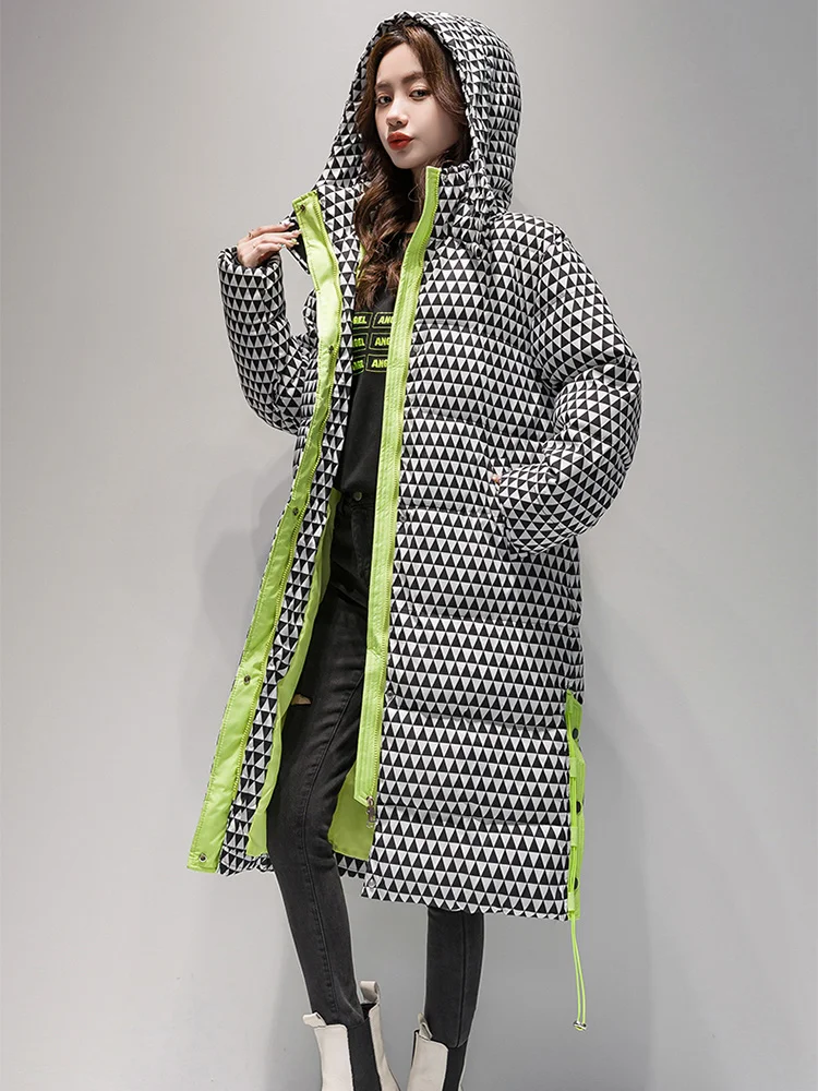 

2023 Winter Warm Parka Plaid Long Sonw Coat Women's Fashion Thicken Hooded Puffer Jacket Female Windproof Warm Outwear