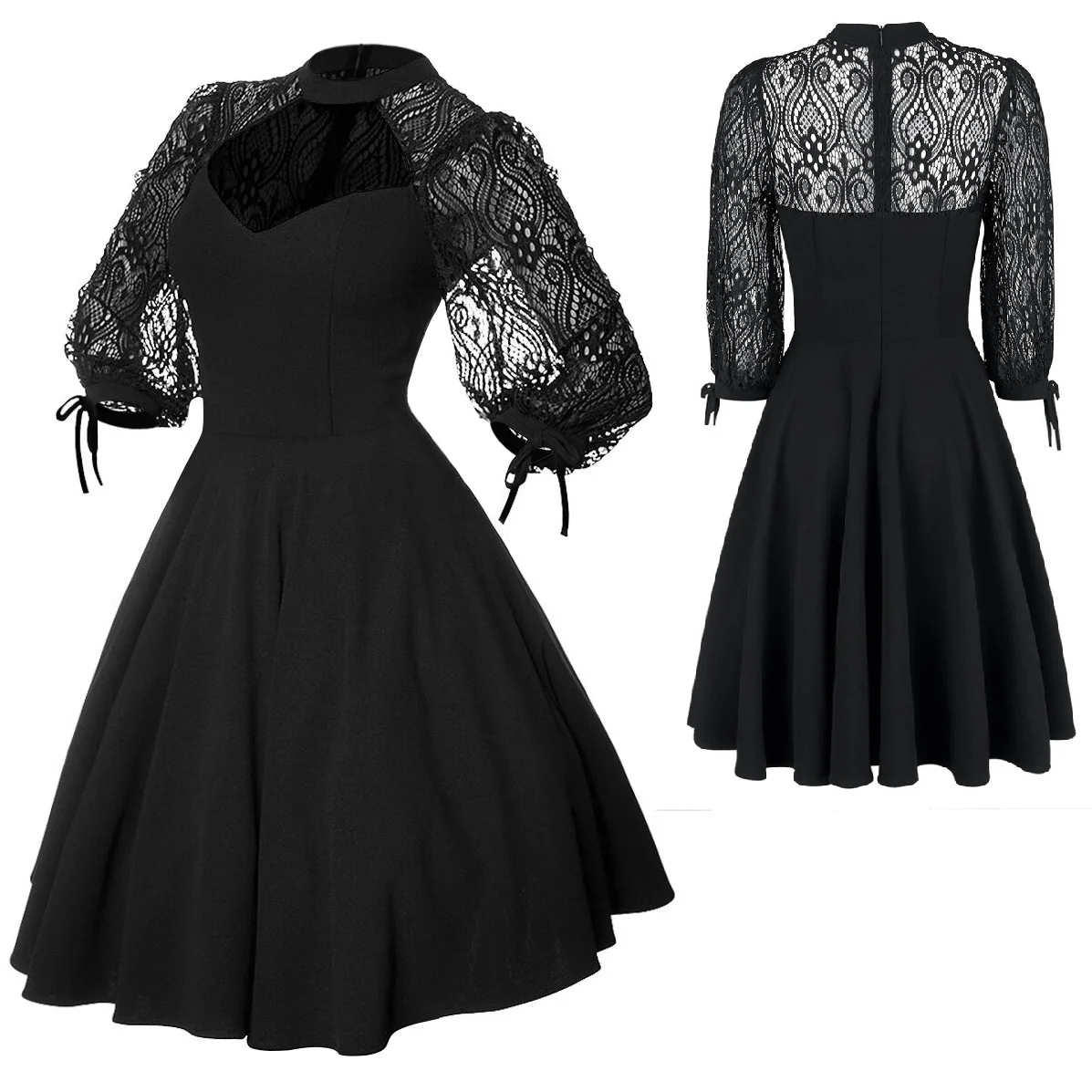 Elegante vestido Midi negro para mujer, vestido de cuello redondo con recorte de encaje, para cóctel, fiesta, salir, Club nocturno