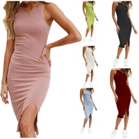 2022 europe and america cross border foreign trade new womens solid color vest slim long knitted slit dress