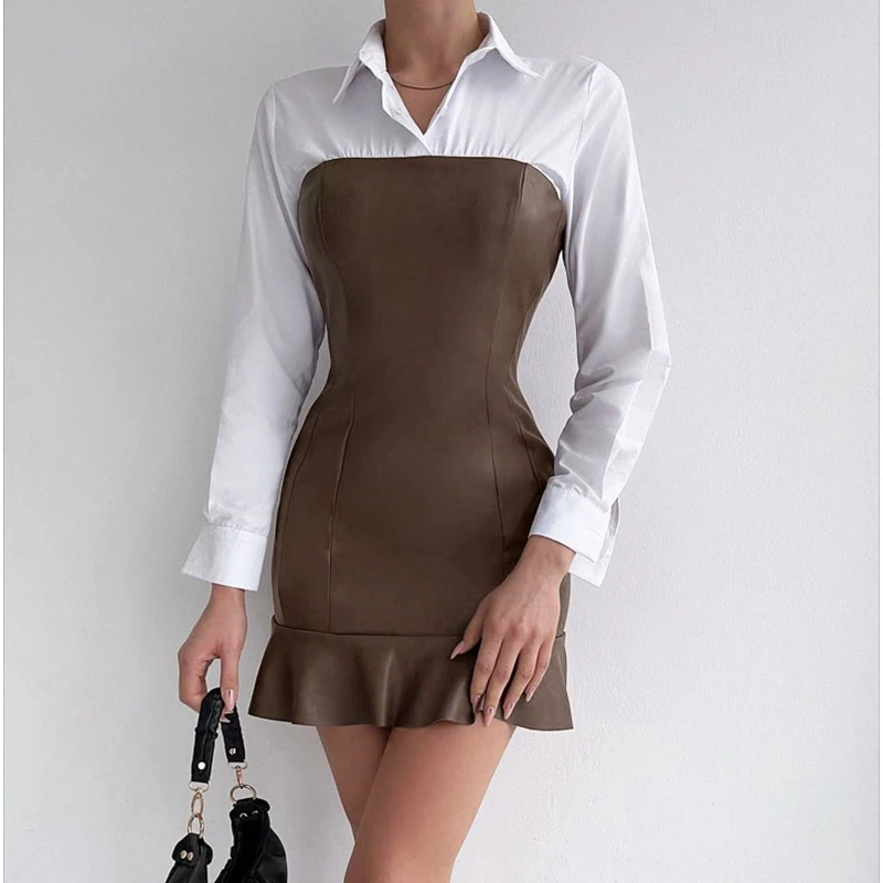 

Платье-рубашка Wepbel из искусственной кожи, женское кожаное мини-платье с длинным рукавом, облегающее пикантное Платье-футляр с высокой талией и оборками, платья