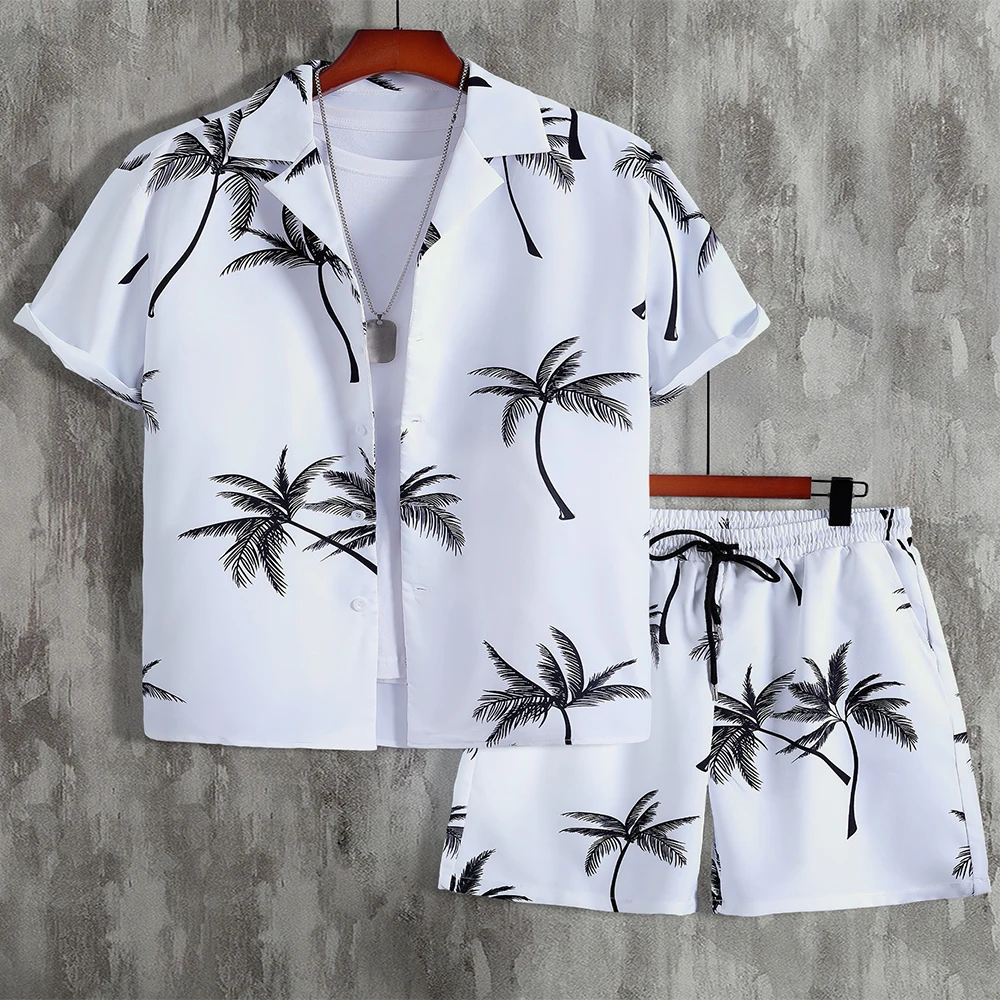 

Men's Random Palm Tree Print Shirt and Drawstring Waist Shorts, T-shirt