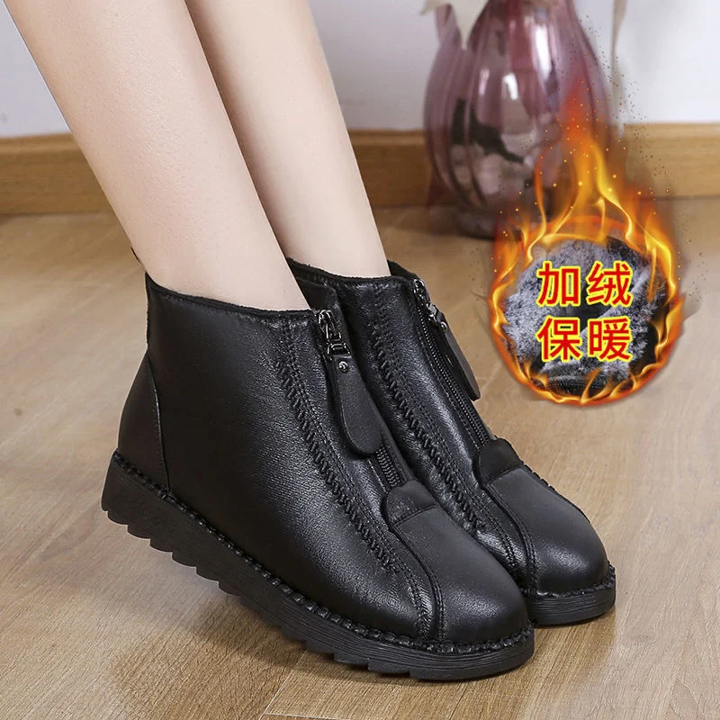 

2022 Winter Women's Boots Fashion Warm Mother's Boots Flat-Bottom Comfortable Short Bare Boots Creative Front Zipper Closure