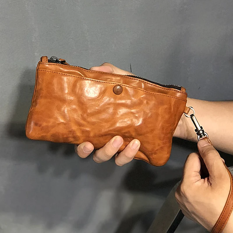 New handcrafted vegetated soft cowhide men's handbag large capacity leather women's long purse bag card bag