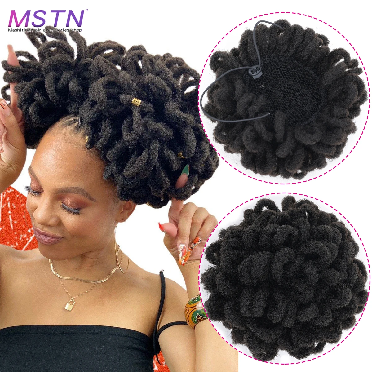 MSTN  Synthetic Afro High Puff Drawstring Ponytail Hair Bun Hairpieces Faux Locs Clip In Pony Tail Hair Buns For Black Women