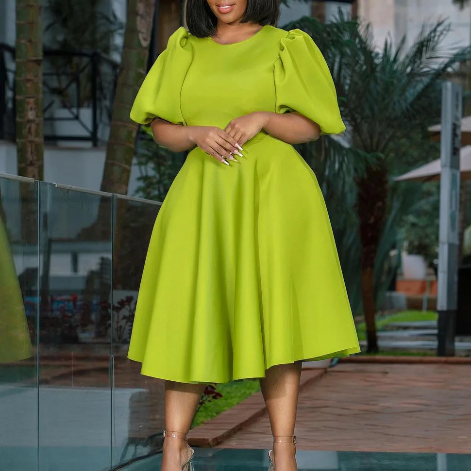 

Round Neck Style Bubble Sleeves with A Large Waistband and Light Mature A-line Dress Summer Dress Dress for Women